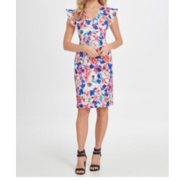 DKNY V-Neck Watercolor Floral Print Ruffle Cap Sleeve Sheath Dress NWT 2 - Picture 3 of 10